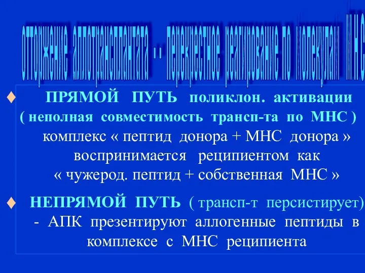 отторжение аллотрансплантата - - перекрестное реагирование по молекулам М Н С ПРЯМОЙ