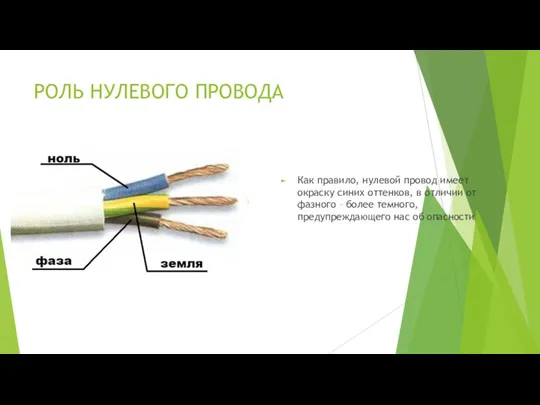 РОЛЬ НУЛЕВОГО ПРОВОДА Как правило, нулевой провод имеет окраску синих оттенков, в