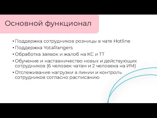 Поддержка сотрудников розницы в чате Hotline Поддержка YotaRangers Обработка заявок и жалоб