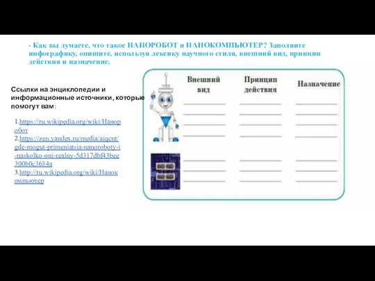 - Как вы думаете, что такое НАНОРОБОТ и НАНОКОМПЬЮТЕР? Заполните инфографику, опишите,