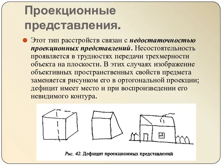 Проекционные представления. Этот тип расстройств связан с недостаточностью проекционных представлений. Несостоятельность проявляется