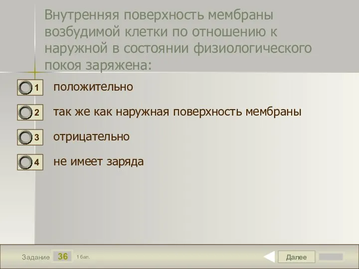 Далее 36 Задание 1 бал. Внутренняя поверхность мембраны возбудимой клетки по отношению