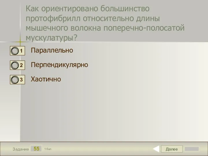 Далее 55 Задание 1 бал. Как ориентировано большинство протофибрилл относительно длины мышечного