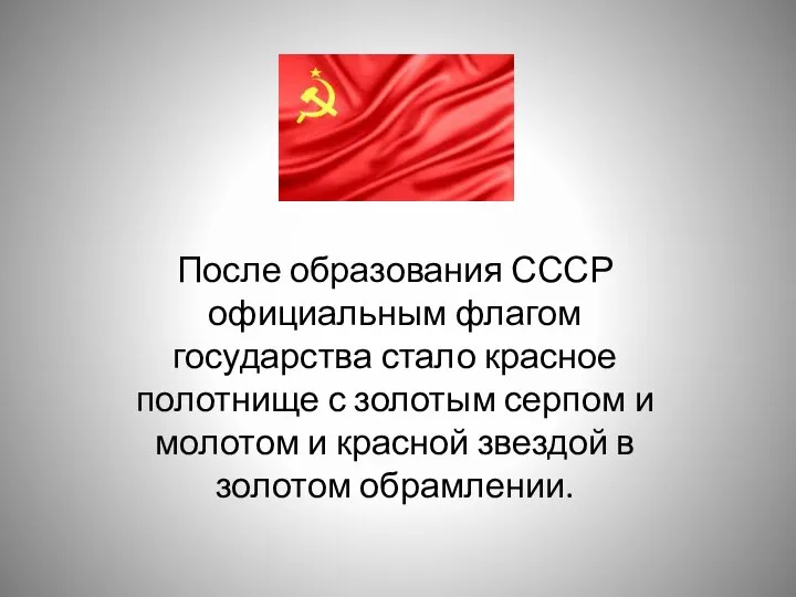 После образования СССР официальным флагом государства стало красное полотнище с золотым серпом