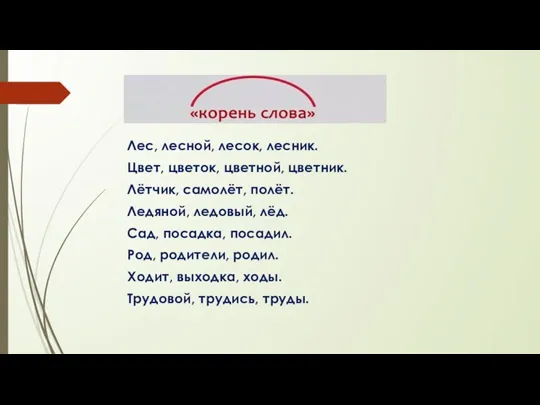 Лес, лесной, лесок, лесник. Цвет, цветок, цветной, цветник. Лётчик, самолёт, полёт. Ледяной,