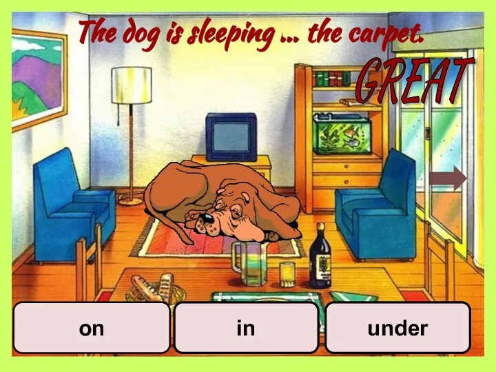 The dog is sleeping … the carpet. in on under GREAT