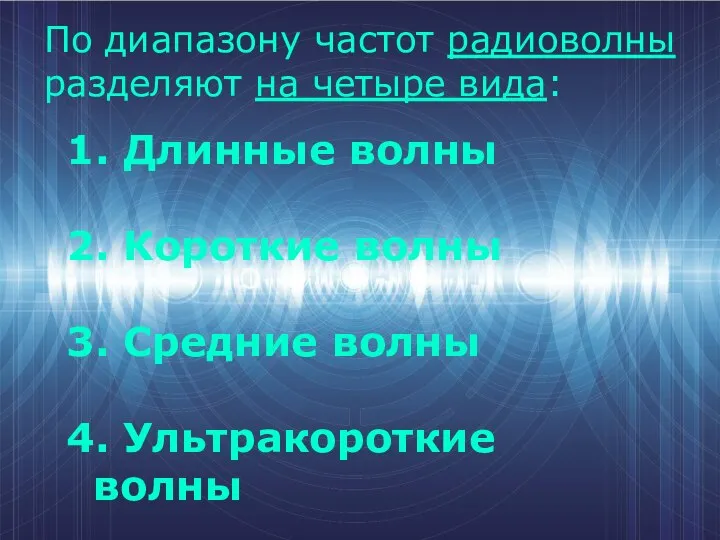 По диапазону частот радиоволны разделяют на четыре вида: 1. Длинные волны 2.