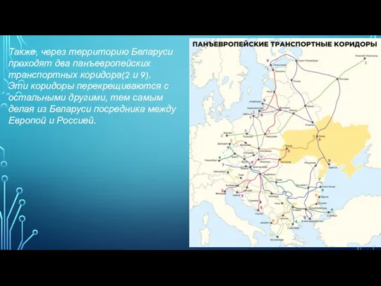 Также, через территорию Беларуси проходят два панъевропейских транспортных коридора(2 и 9). Эти