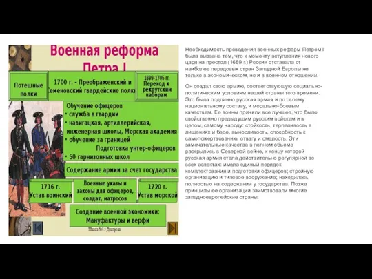 Необходимость проведения военных реформ Петром I была вызвана тем, что к моменту