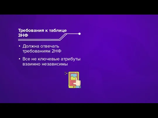 Должна отвечать требованиям 2НФ Все не ключевые атрибуты взаимно независимы Требования к таблице 3НФ