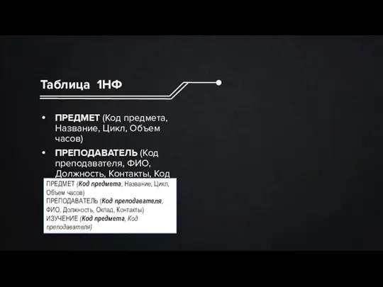 Таблица 1НФ ПРЕДМЕТ (Код предмета, Название, Цикл, Объем часов) ПРЕПОДАВАТЕЛЬ (Код преподавателя,