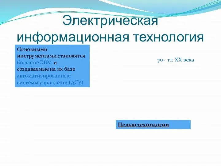 Электрическая информационная технология 70- гг. ХХ века Целью технологии Основными инструментами становятся