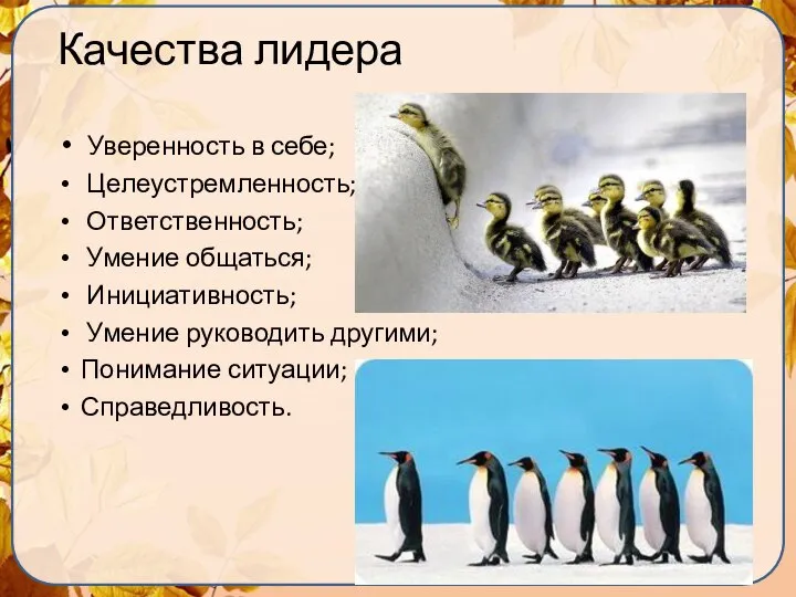 Качества лидера Уверенность в себе; Целеустремленность; Ответственность; Умение общаться; Инициативность; Умение руководить другими; Понимание ситуации; Справедливость.