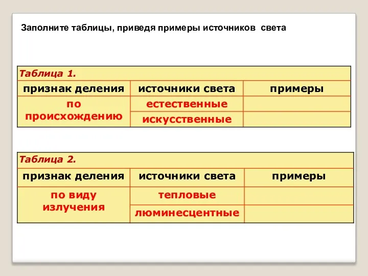 Заполните таблицы, приведя примеры источников света