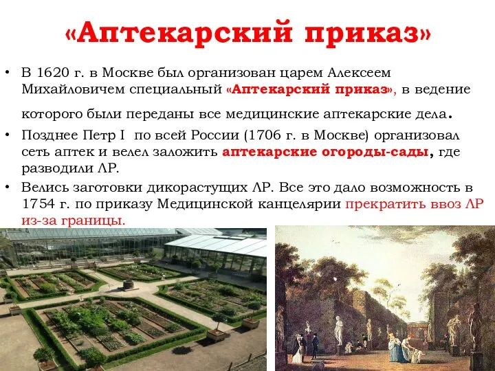 «Аптекарский приказ» В 1620 г. в Москве был организован царем Алексеем Михайловичем
