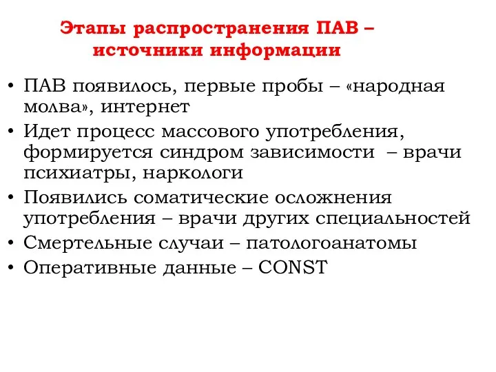 Этапы распространения ПАВ – источники информации ПАВ появилось, первые пробы – «народная