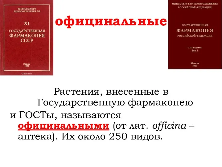 официнальные Растения, внесенные в Государственную фармакопею и ГОСТы, называются официнальными (от лат.