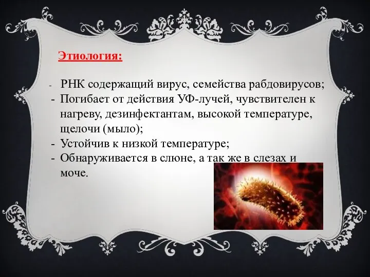 Этиология: - РНК содержащий вирус, семейства рабдовирусов; Погибает от действия УФ-лучей, чувствителен