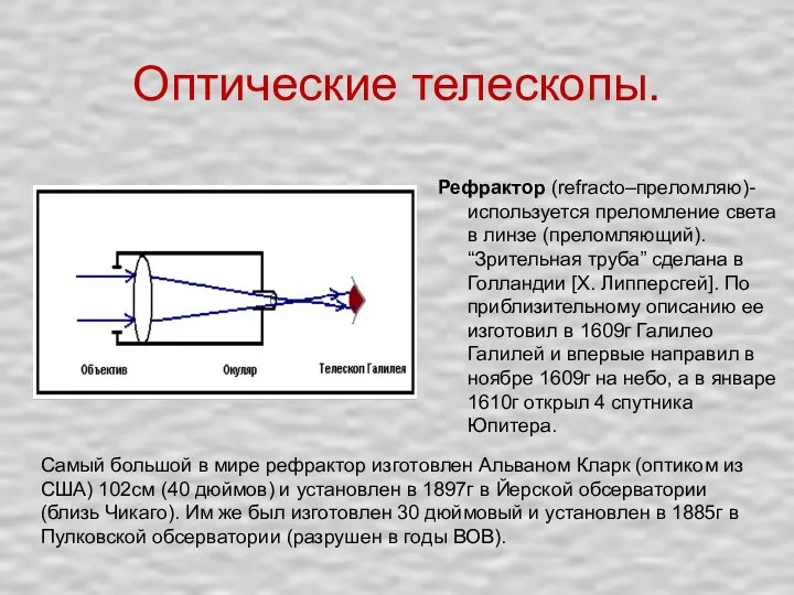 Оптические телескопы. Рефрактор (refracto–преломляю)- используется преломление света в линзе (преломляющий). “Зрительная труба”