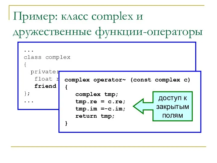 ... class complex { private: float re, im; friend complex operator~(const complex