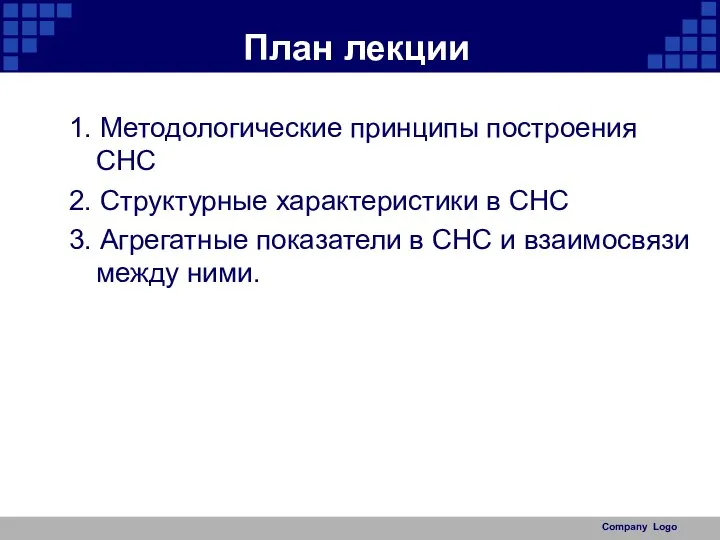 План лекции 1. Методологические принципы построения СНС 2. Структурные характеристики в СНС