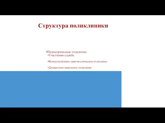 Структура поликлиники Педиатрическое отделение Участковая служба Консультативно-диагностическое отделение Дошкольно-школьное отделение