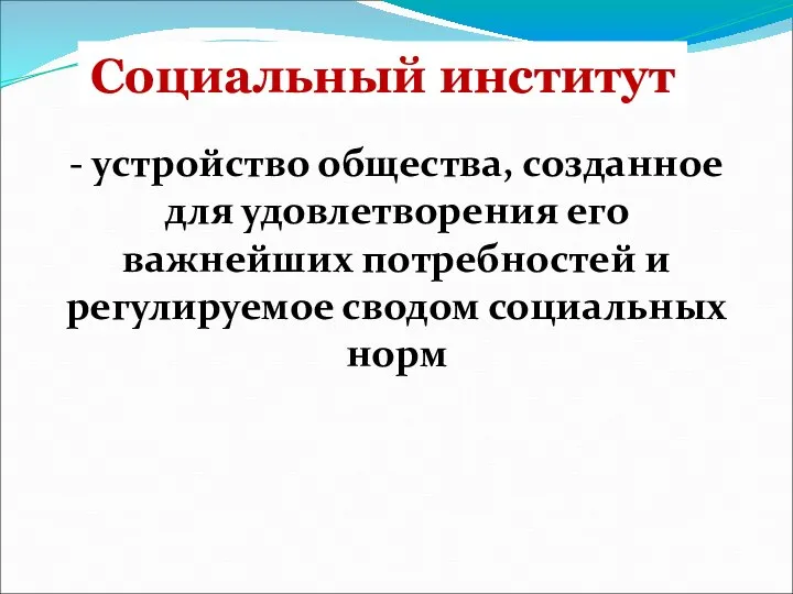 Социальный институт - устройство общества, созданное для удовлетворения его важнейших потребностей и регулируемое сводом социальных норм