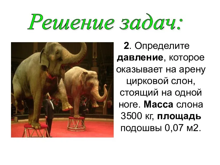 2. Определите давление, которое оказывает на арену цирковой слон, стоящий на одной
