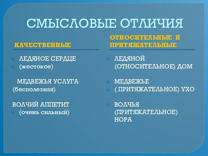 СМЫСЛОВЫЕ ОТЛИЧИЯ КАЧЕСТВЕННЫЕ ОТНОСИТЕЛЬНЫЕ И ПРИТЯЖАТЕЛЬНЫЕ ЛЕДЯНОЕ СЕРДЦЕ (жестокое) МЕДВЕЖЬЯ УСЛУГА (бесполезная)