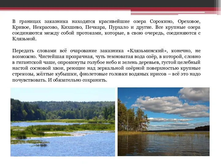 В границах заказника находятся красивейшие озера Сорокино, Ореховое, Кривое, Некрасово, Кихшево, Печкара,