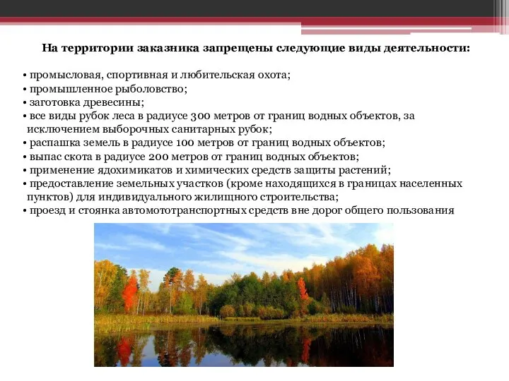 На территории заказника запрещены следующие виды деятельности: промысловая, спортивная и любительская охота;