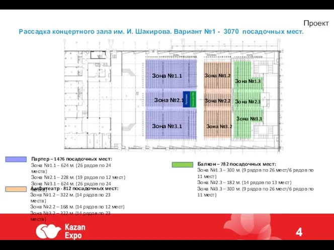 Рассадка концертного зала им. И. Шакирова. Вариант №1 - 3070 посадочных мест.