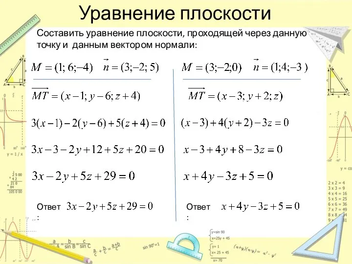 Уравнение плоскости Составить уравнение плоскости, проходящей через данную точку и данным вектором нормали: Ответ: Ответ: