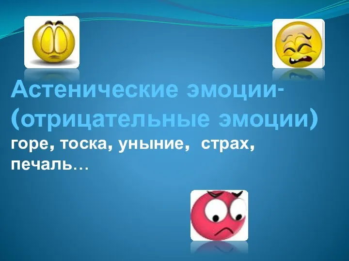 Астенические эмоции- (отрицательные эмоции) горе, тоска, уныние, страх, печаль…