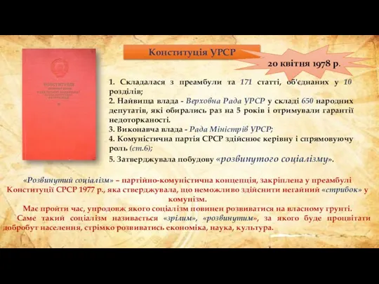 Конституція УРСР 20 квітня 1978 р. 1. Складалася з преамбули та 171