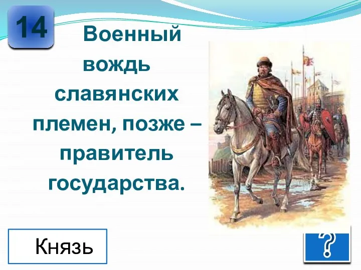 Военный вождь славянских племен, позже – правитель государства. 14 Князь