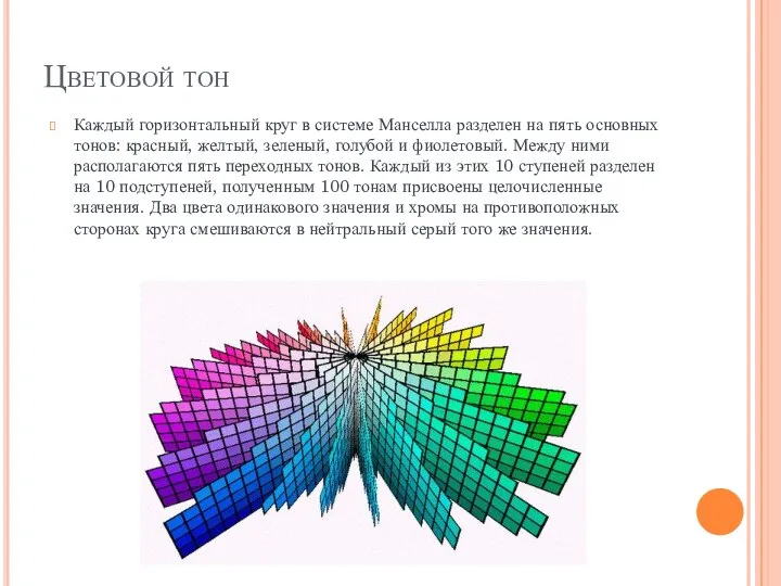 Цветовой тон Каждый горизонтальный круг в системе Манселла разделен на пять основных