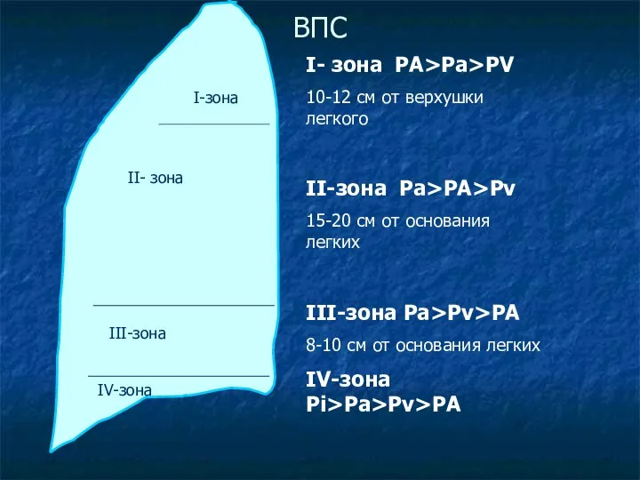 ВПС I- зона PA>Pa>PV 10-12 см от верхушки легкого II-зона Pa>PA>Pv 15-20