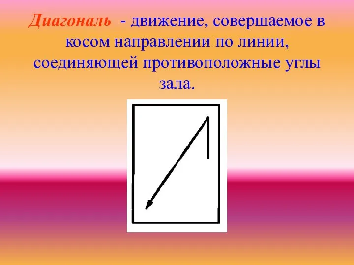 Диагональ - движение, совершаемое в косом направлении по линии, соединяющей противоположные углы зала.