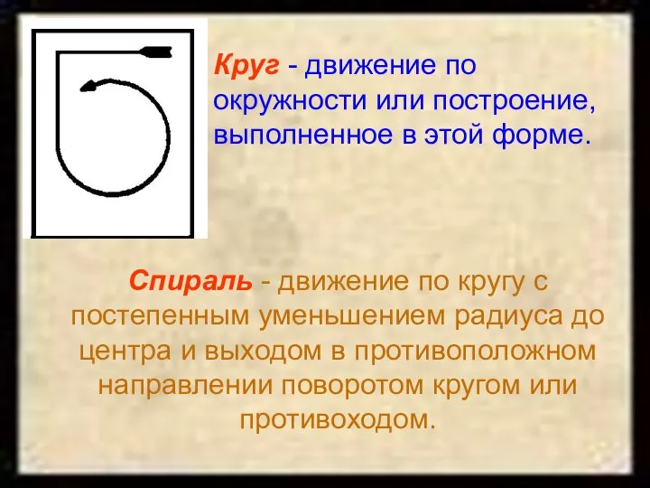 Круг - движение по окружности или построение, выполненное в этой форме. Спираль