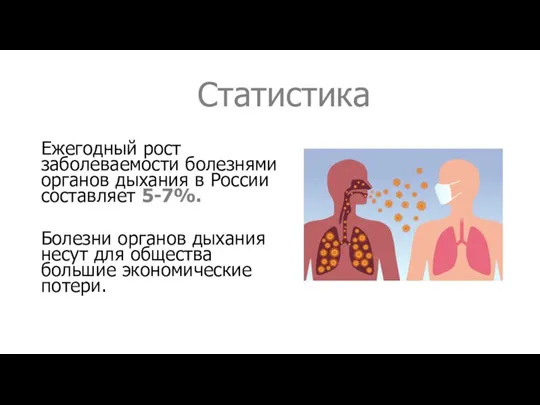 Статистика Ежегодный рост заболеваемости болезнями органов дыхания в России составляет 5-7%. Болезни