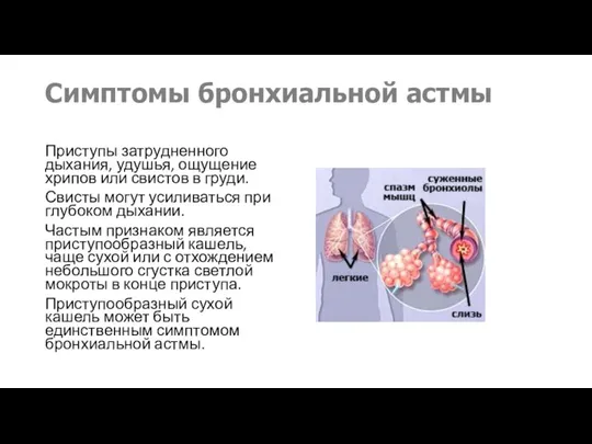 Симптомы бронхиальной астмы Приступы затрудненного дыхания, удушья, ощущение хрипов или свистов в