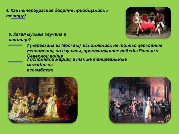 4. Как петербургские дворяне приобщались к театру? 5. Какая музыка звучала в