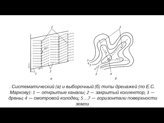 . Систематический (а) и выборочный (б) типы дренажей (по Е.С. Маркову): 1