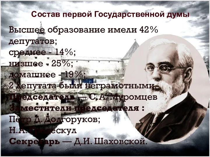 Состав первой Государственной думы Высшее образование имели 42% депутатов; среднее - 14%;