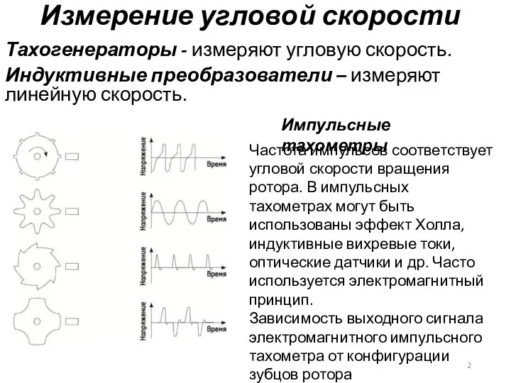 Измерение угловой скорости Тахогенераторы - измеряют угловую скорость. Индуктивные преобразователи – измеряют