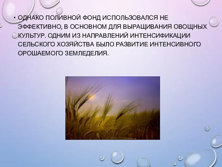 ОДНАКО ПОЛИВНОЙ ФОНД ИСПОЛЬЗОВАЛСЯ НЕ ЭФФЕКТИВНО, В ОСНОВНОМ ДЛЯ ВЫРАЩИВАНИЯ ОВОЩНЫХ КУЛЬТУР.