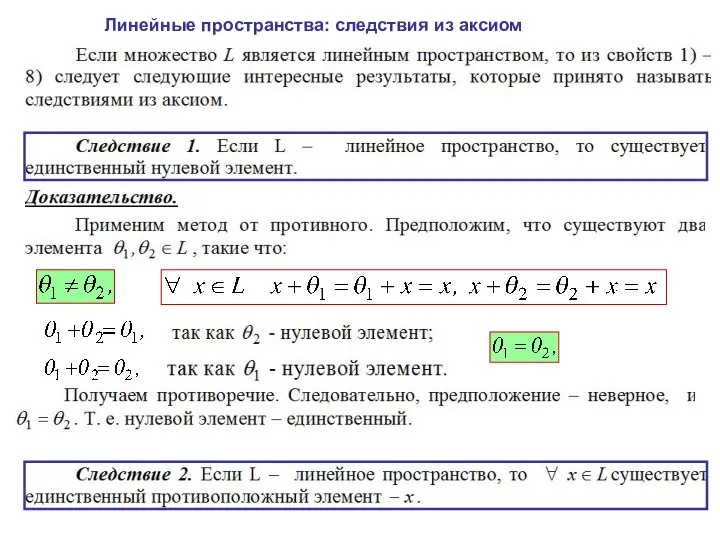 Линейные пространства: следствия из аксиом