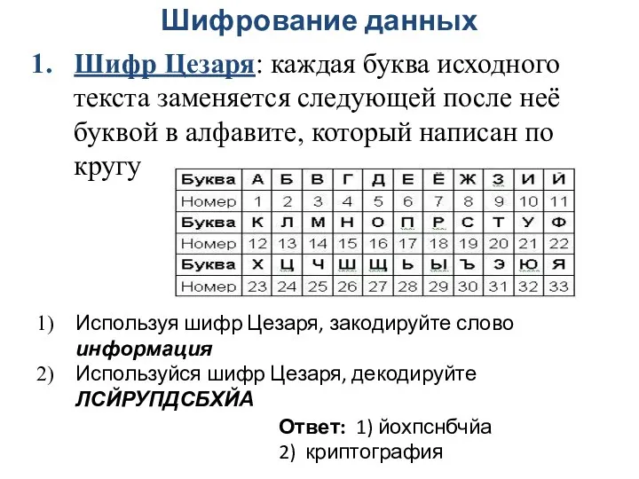 Шифрование данных Шифр Цезаря: каждая буква исходного текста заменяется следующей после неё