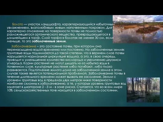 Болото — участок ландшафта, характеризующийся избыточным увлажнением, влаголюбивым живым напочвенным покровом. Для